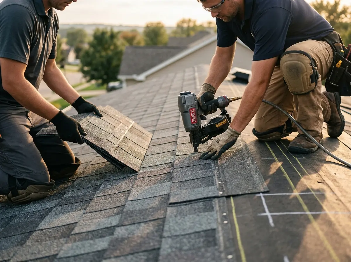 Professional roofer working on a residential roof in Norman